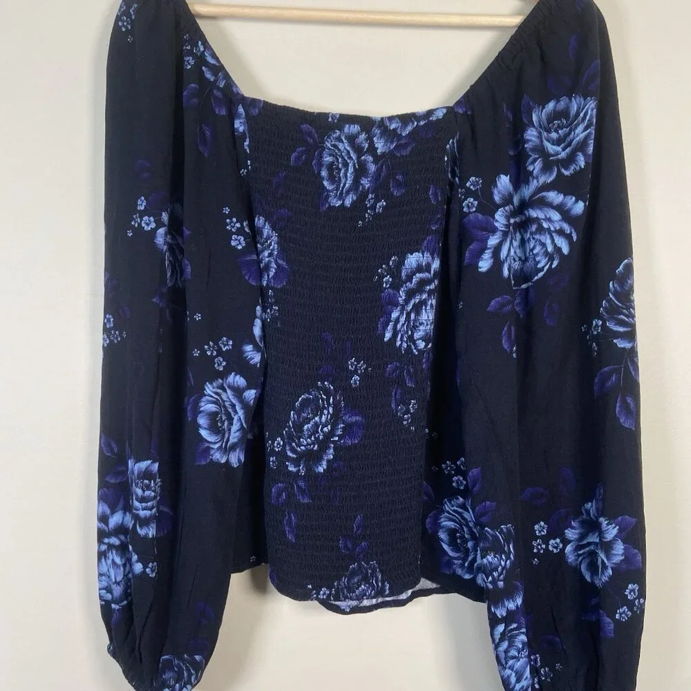 Old Navy Womens M Puff Sleeve Smock Long Sleeve Blouse‎ Navy Blue Floral Cottage